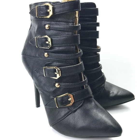 Dollhouse Shoes - Black stiletto booties with straps and buckles - 7